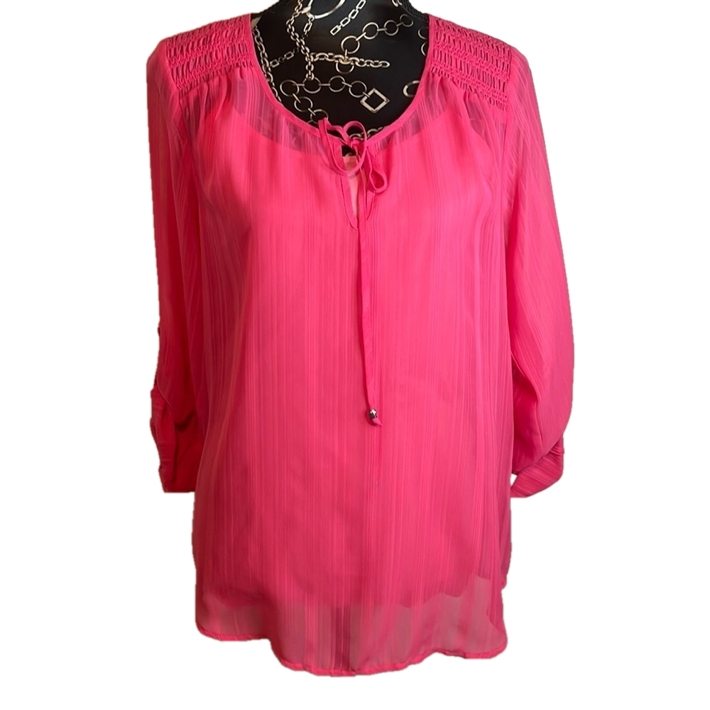 Signature Studio Womens Hot Pink Smocked Roll Tab Sleeve Blouse with Cami Medium
